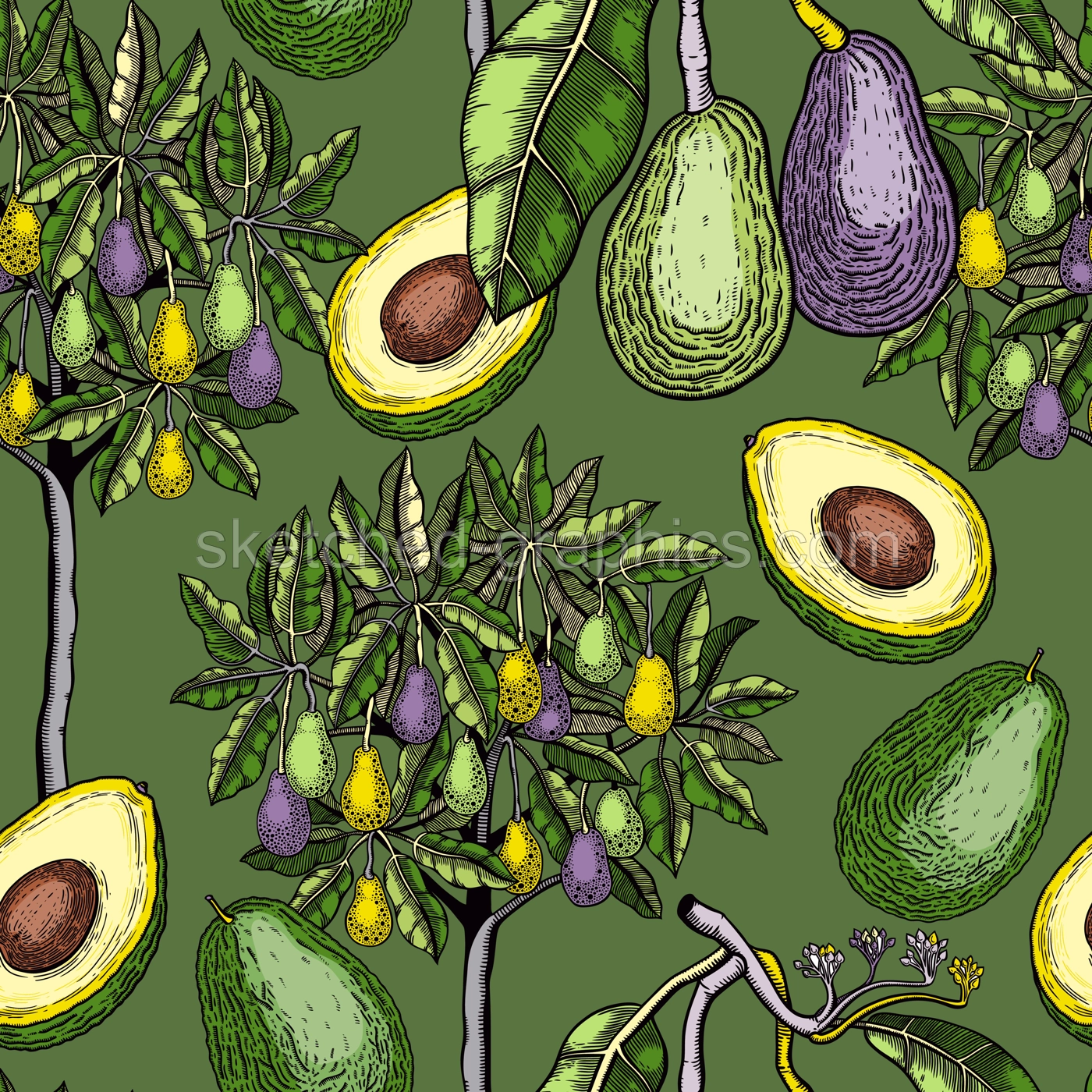 Green avocado tree design. Flat fruit branches, flowers, whole avocado, cut half piece in colors. Seamless healthy food pattern. Vector plant illustration isolated on white background Illustration
